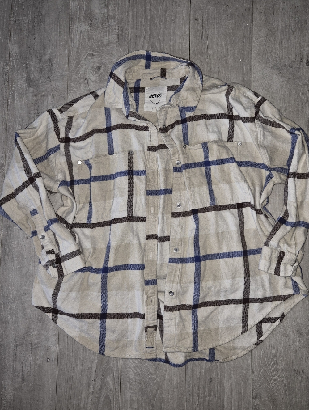 aerie Beige Plaid Button-Down Shirt with Blue and Brown Stripes
